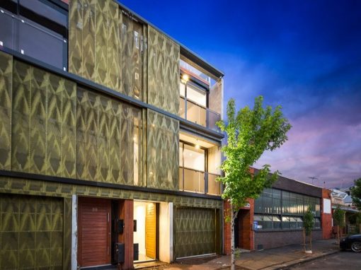 Sapphire anodised a number of custom perforated screens and trims that form the exterior movable privacy screening of a two street facade that brings this development upscale and sets a new benchmark for the area of residential development in North Melbourne.